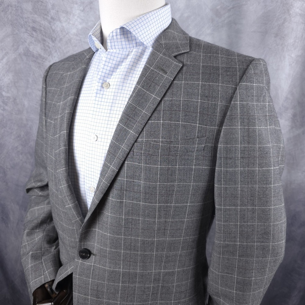 Reiss Blazer Mens‎ 42 Gray Wool Windowpane Sport Coat Jacket Classic Preppy